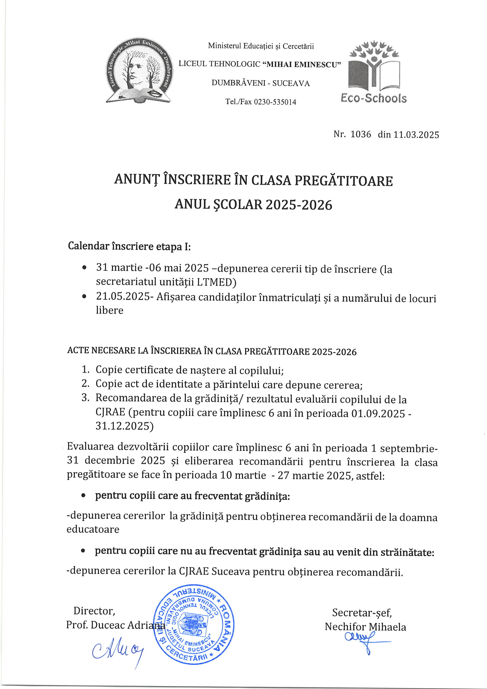 1. Anunt înscriere clasa pregătitoare